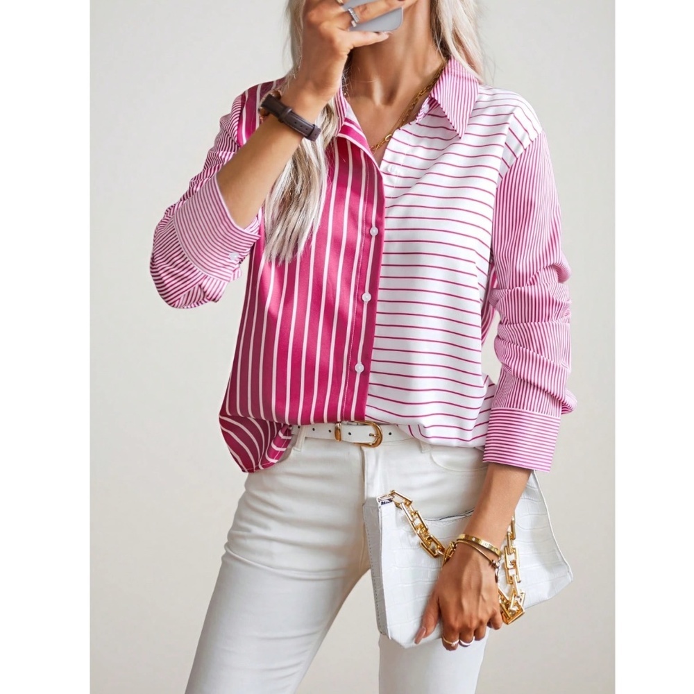 Striped Pink White Button Down Shirt Long Sleeve - Picture 2 of 7